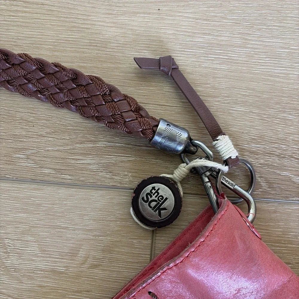The Sak Boho Light Red Genuine Leather Braided Strap Hippie Medium Purse Bag